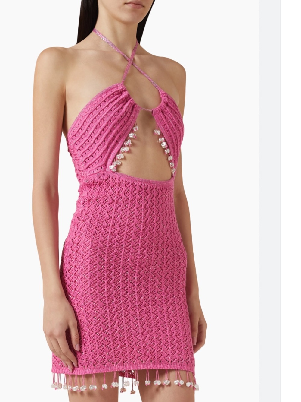 Capittana Daria hot pink Halter Crochet Mini Dress with Beaded Tassel Trim - Picture 9 of 12